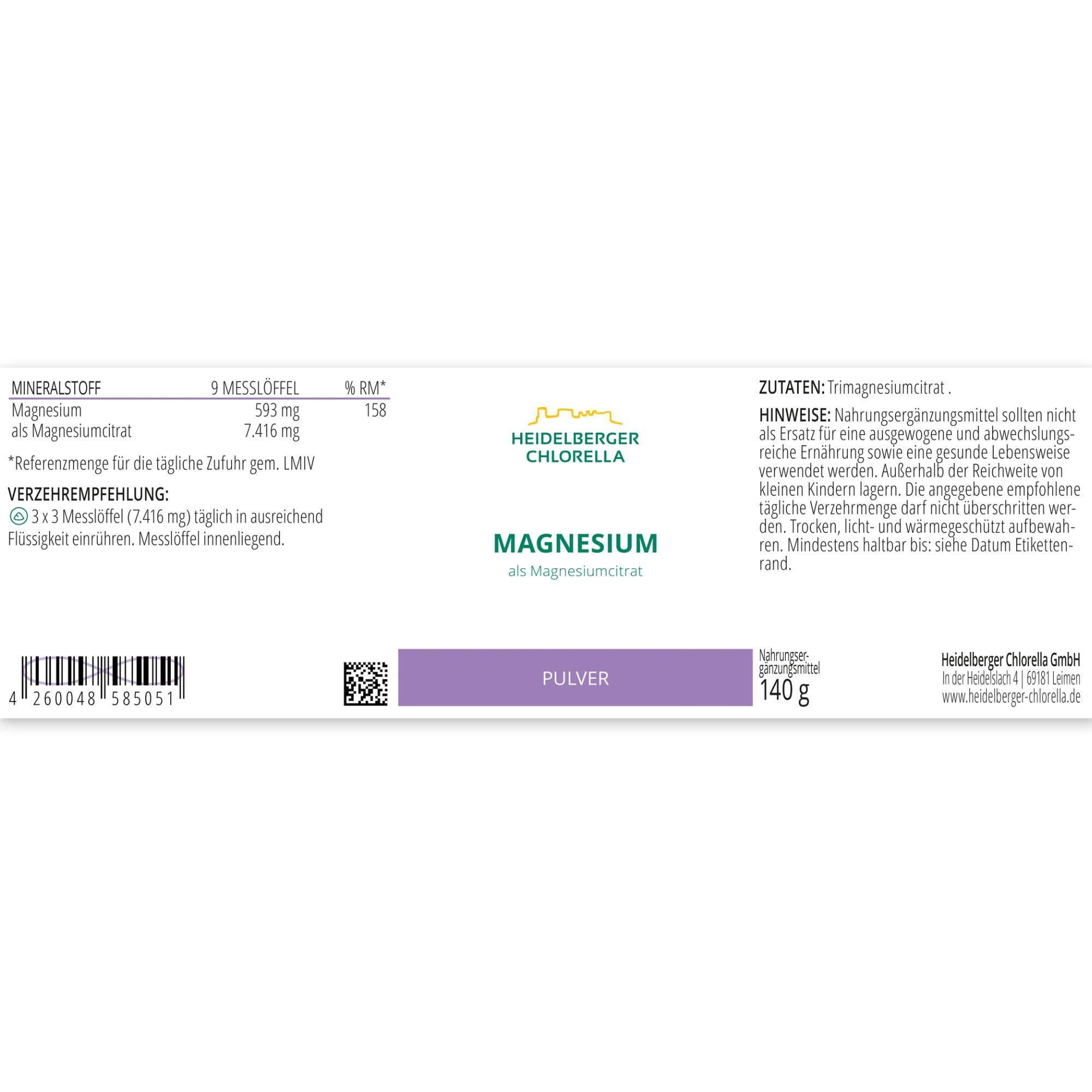 HEIDELBERGER CHLORELLA® Magnesium Pulver als Magnesiumcitrat 140g