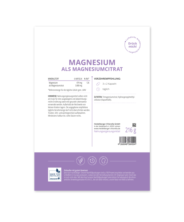 HEIDELBERGER CHLORELLA® Magnesium als Magnesiumcitrat Kapseln Beutel 360 Kps