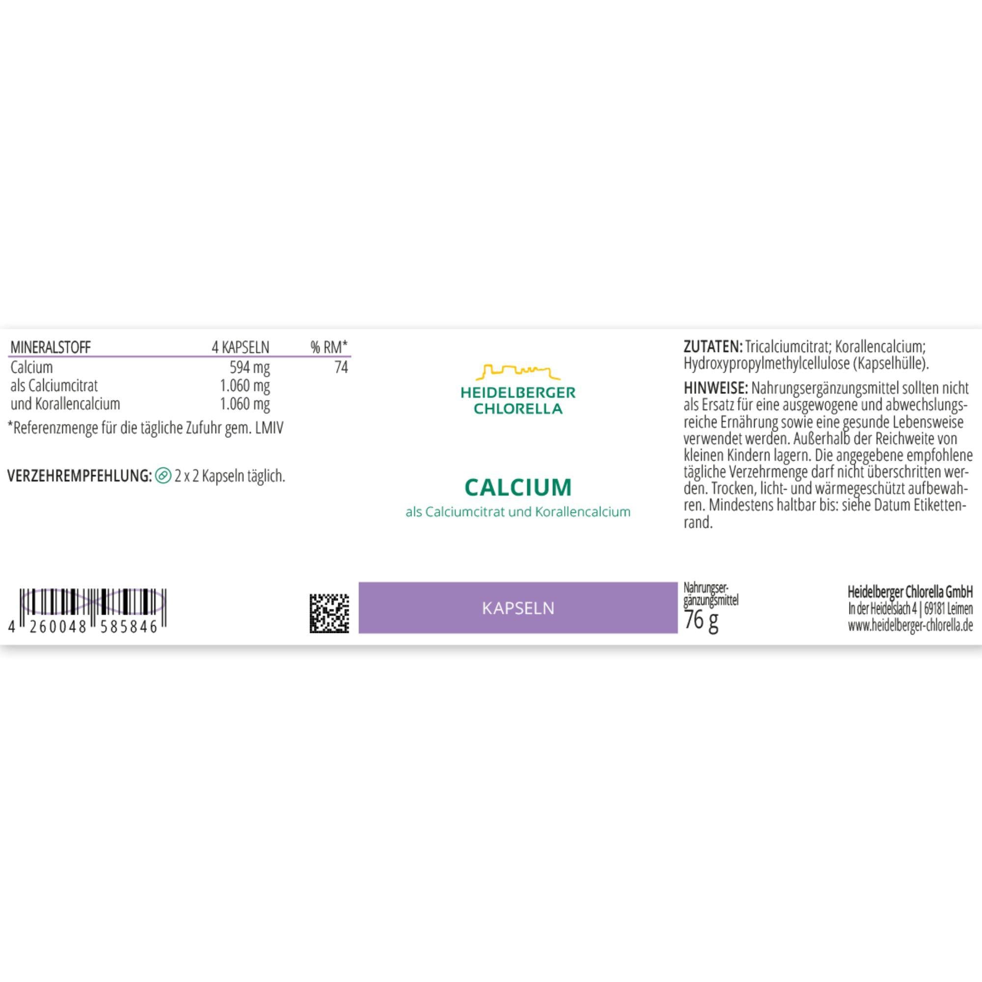 HEIDELBERGER CHLORELLA® Calcium als Calciumcitrat und Korallencalcium Kapseln (120 Kapseln)