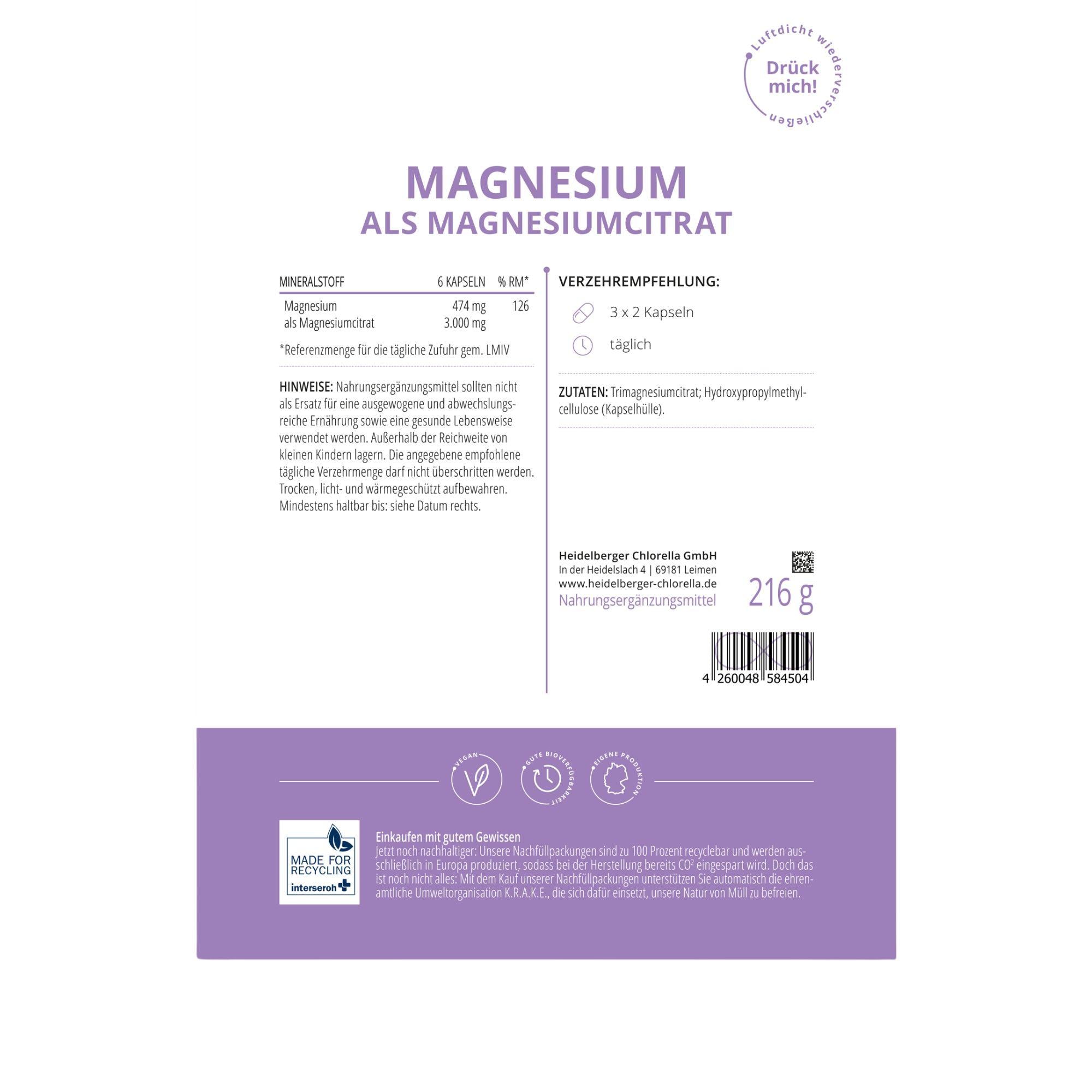 HEIDELBERGER CHLORELLA® Magnesium als Magnesiumcitrat Kapseln Beutel 360 Kps
