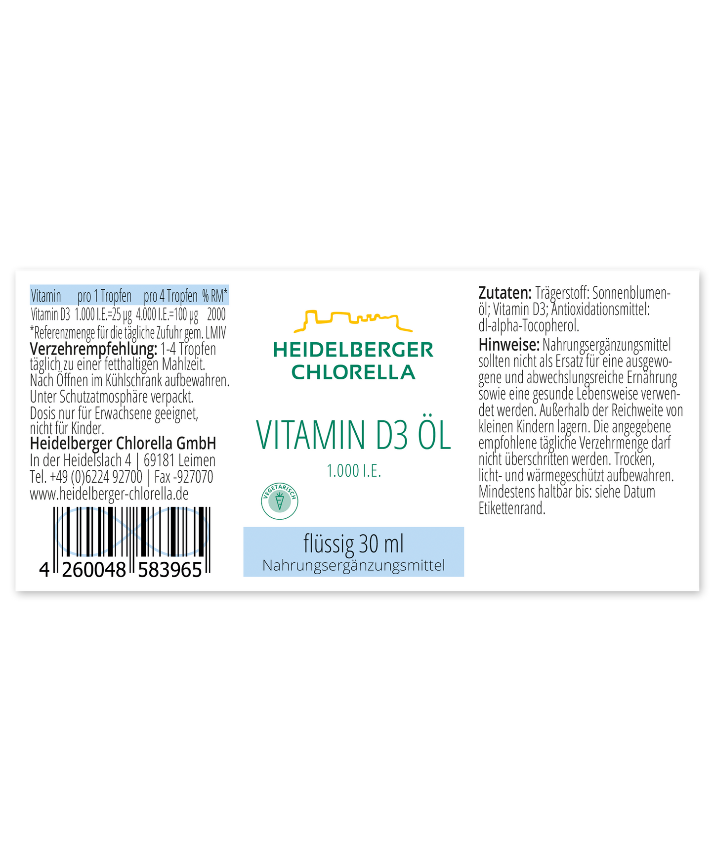 HEIDELBERGER CHLORELLA® Vitamin D3 Öl